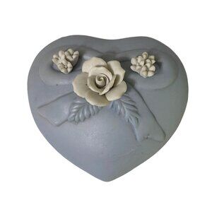 Heart-Shaped Matte Baby Blue Ceramic Trinket Box With Floral Accents 90's Y2K